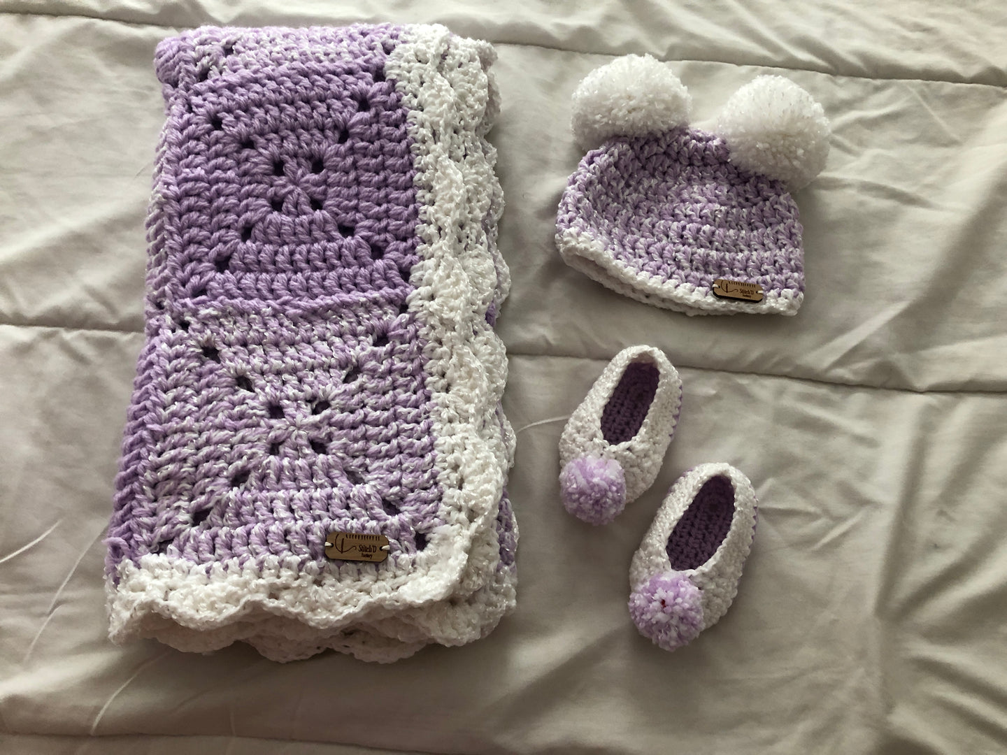 Tiny Human Bundle. . . Blanket , booties and a beanie